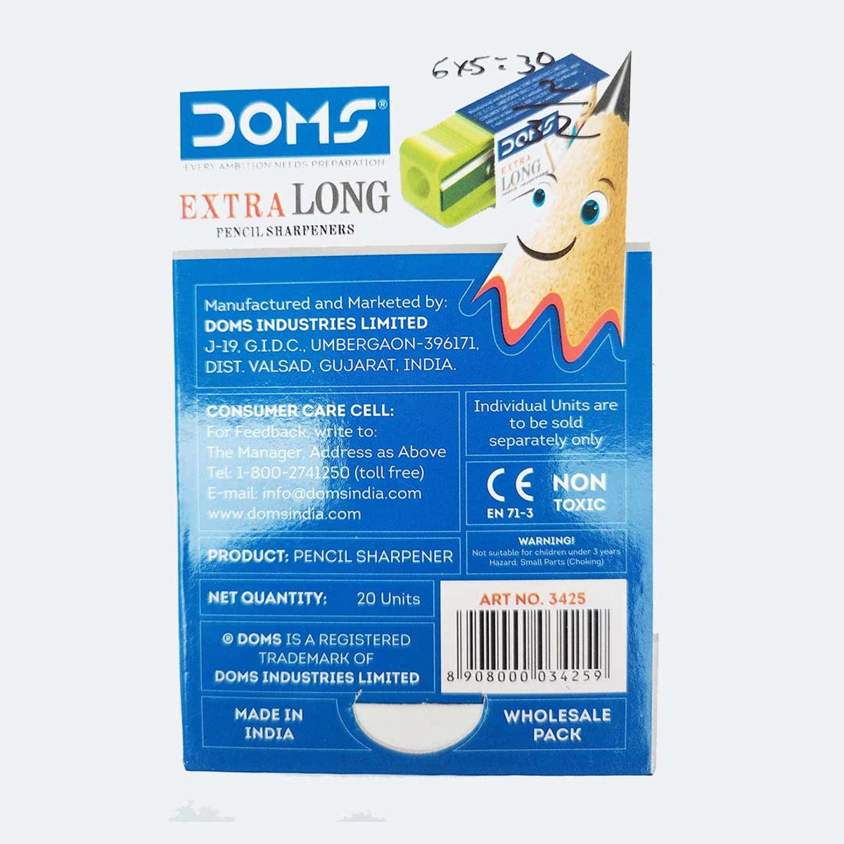 DOMS pencil sharpener packaging with a cartoon pencil character on a white background