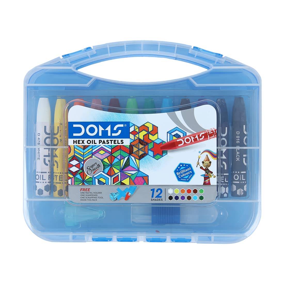 DOMS hex oil pastels set in a blue case on a white background