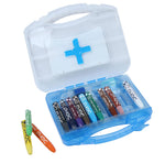 Set of colorful markers in a transparent case with a blue handle on a white background