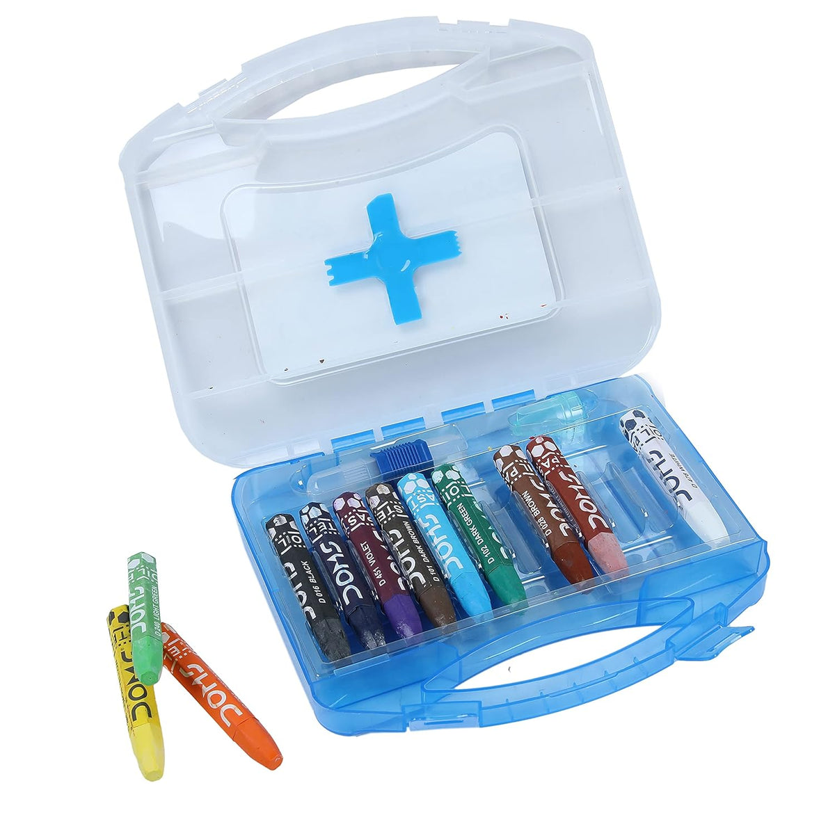 Set of colorful markers in a transparent case with a blue handle on a white background
