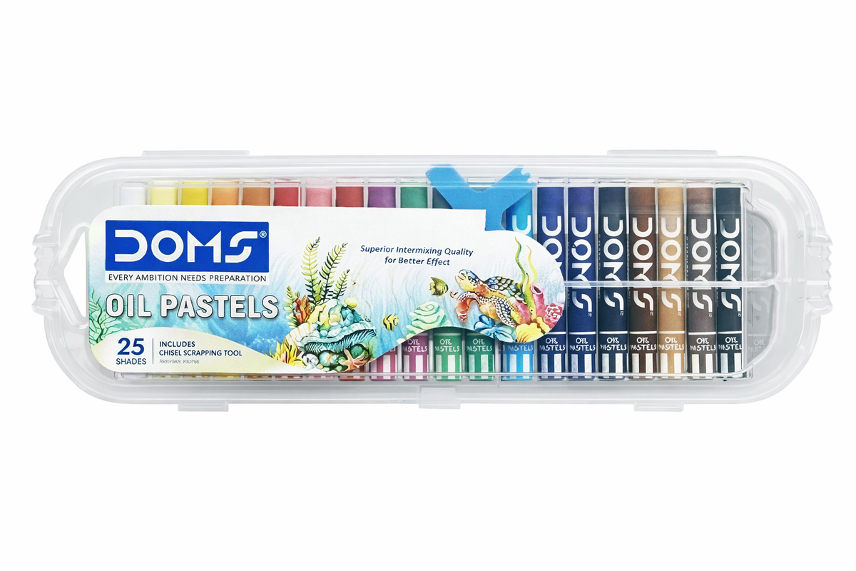 Set of DOMS oil pastels in a clear plastic case on a white background 