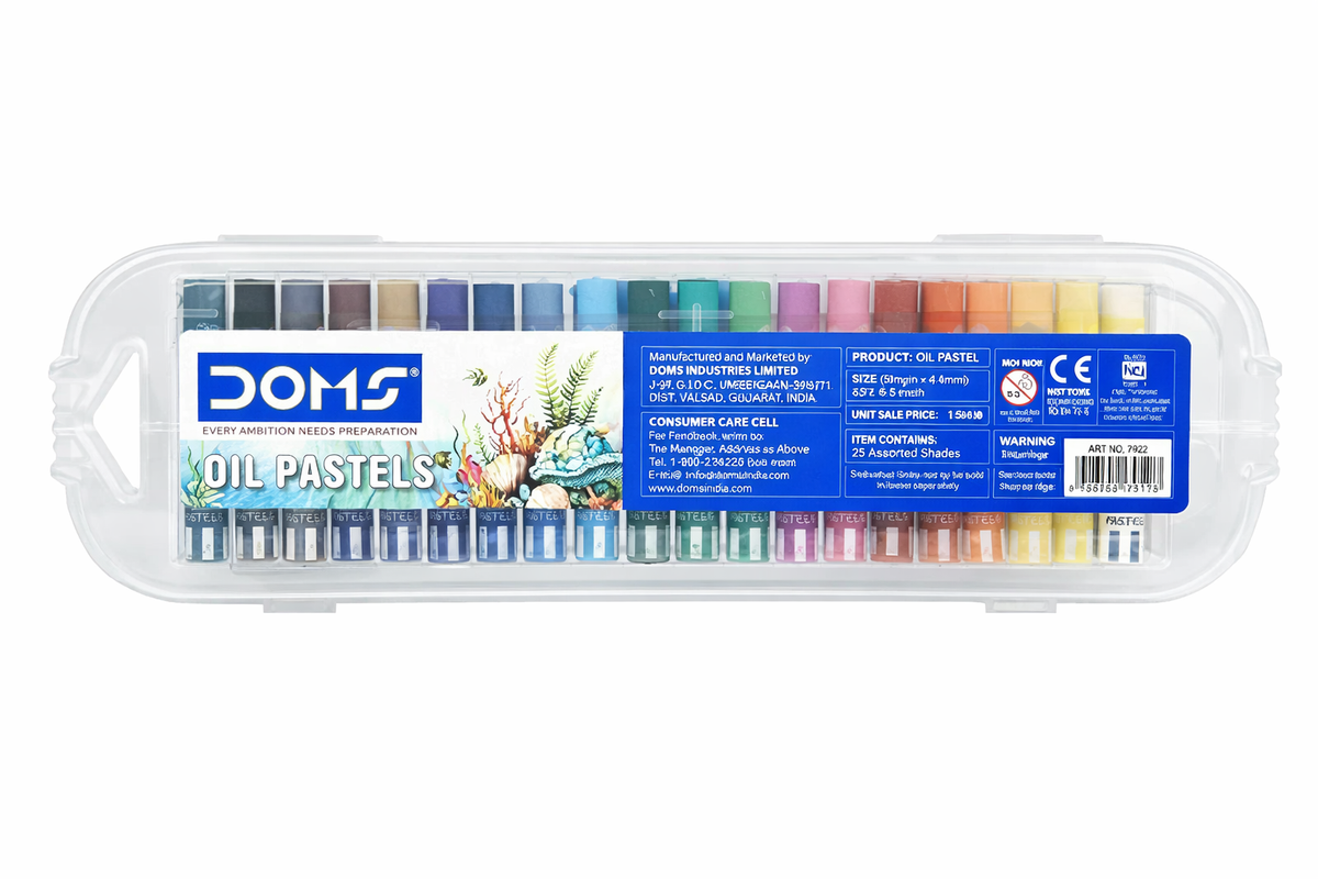 Set of DOMS oil pastels in a clear plastic case on a white background