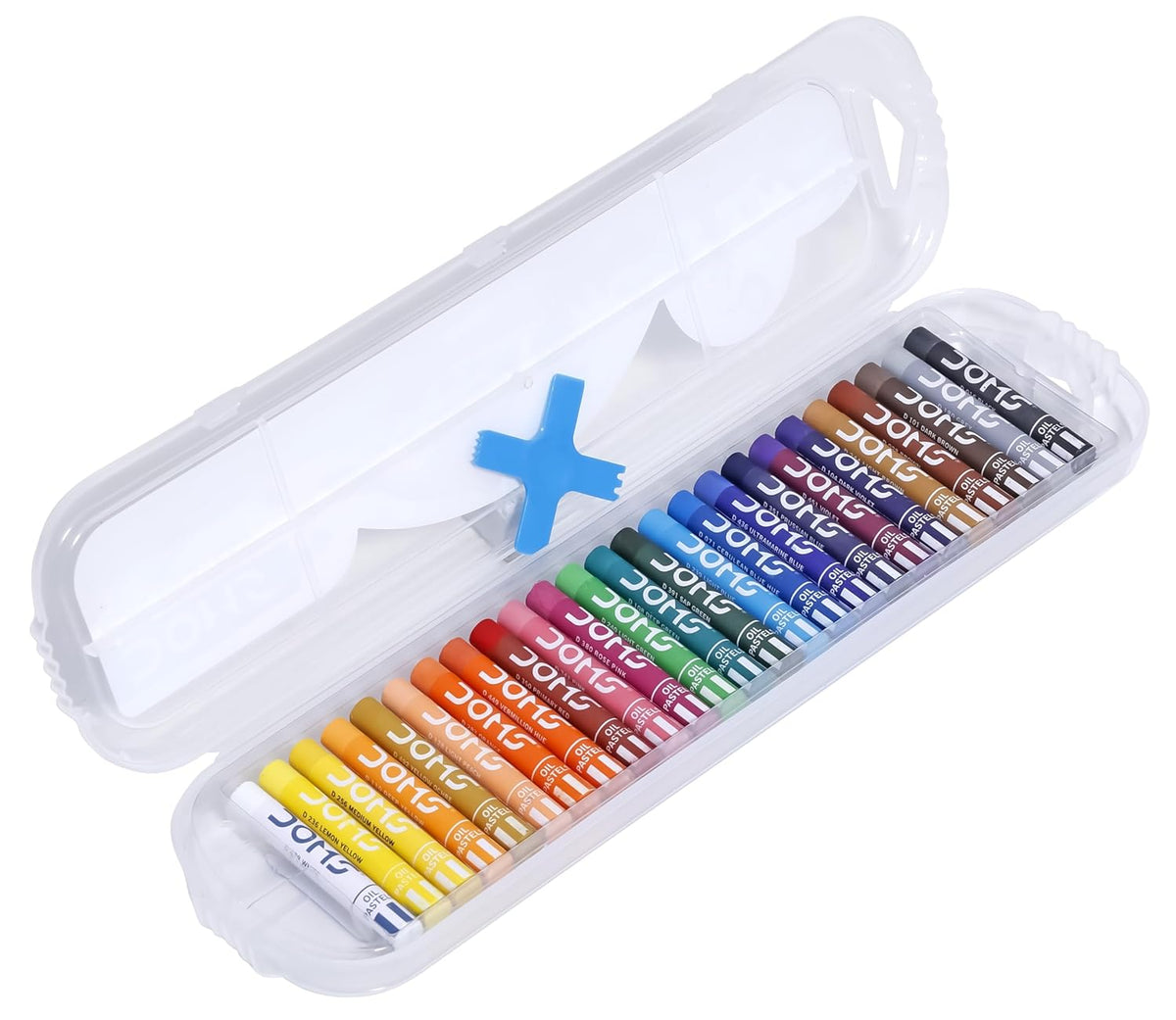 Set of colorful crayons in a transparent case with a blue 'X' symbol on a white background