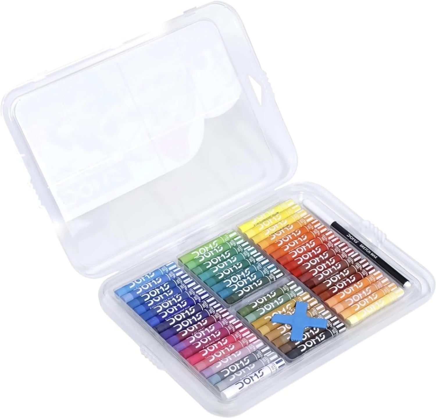Set of colorful markers in a clear plastic case on a white background