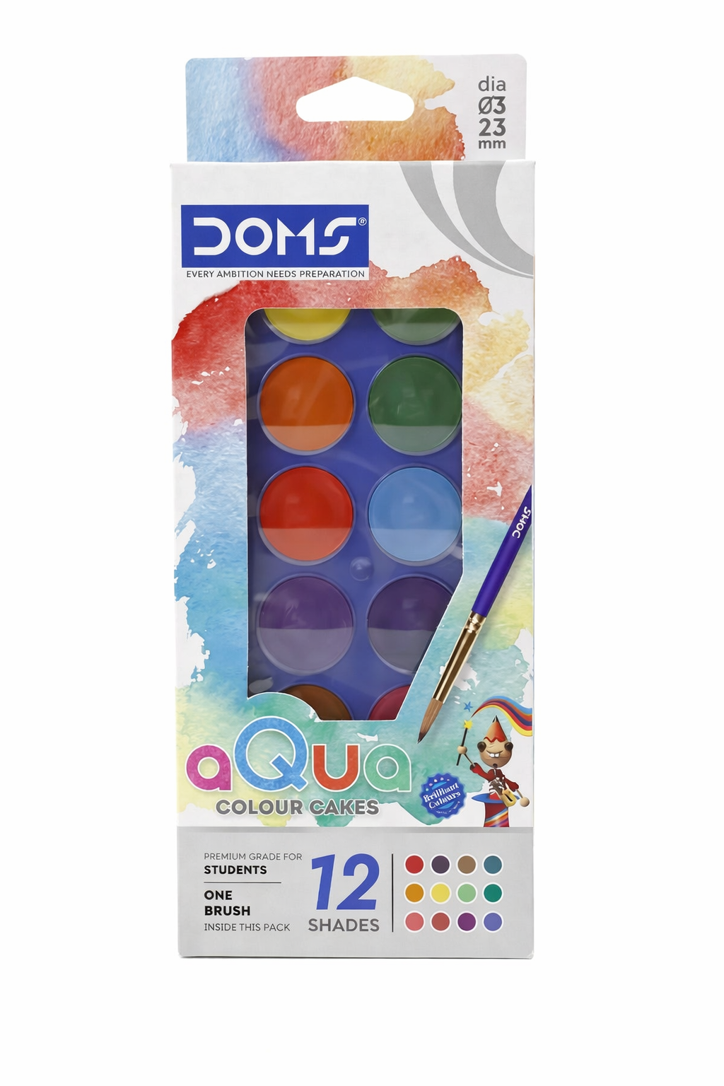 Doms Aqua Colour Cakes packaging with colorful design on a white background