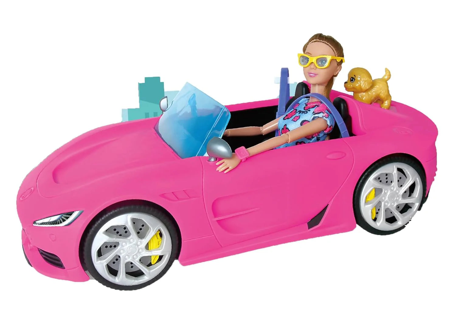 Pink toy car with a doll driving and a dog sitting in the passenger seat on a white background