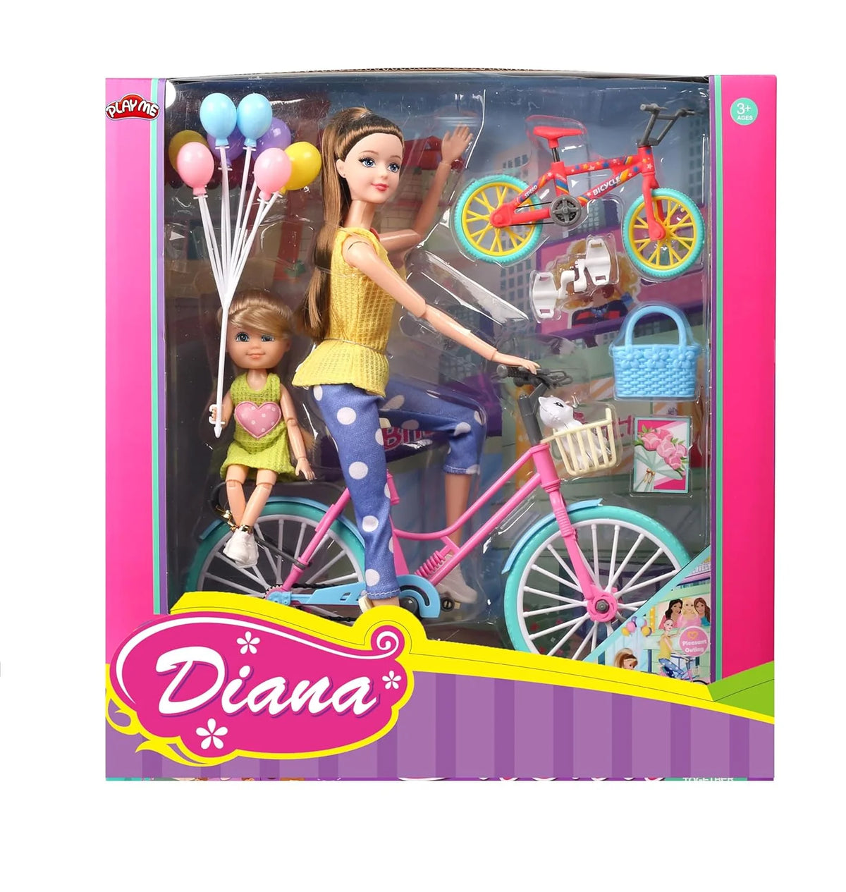 Toy set packaging with dolls and bicycles, featuring the brand 'Diana'.
