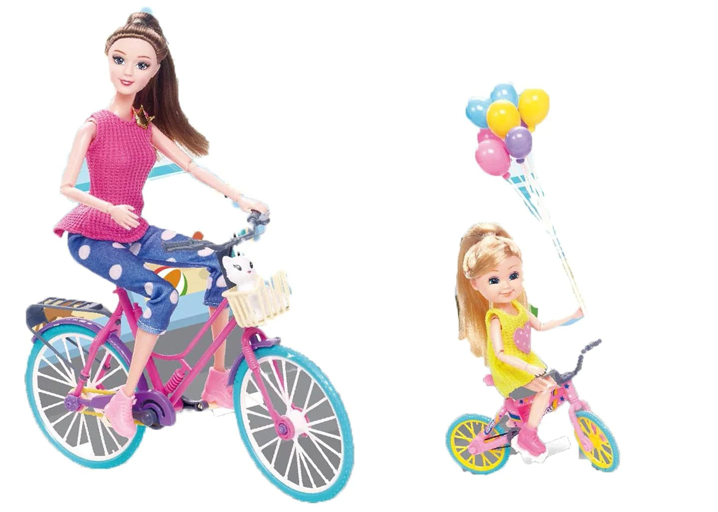Two dolls on bicycles with balloons on a white background