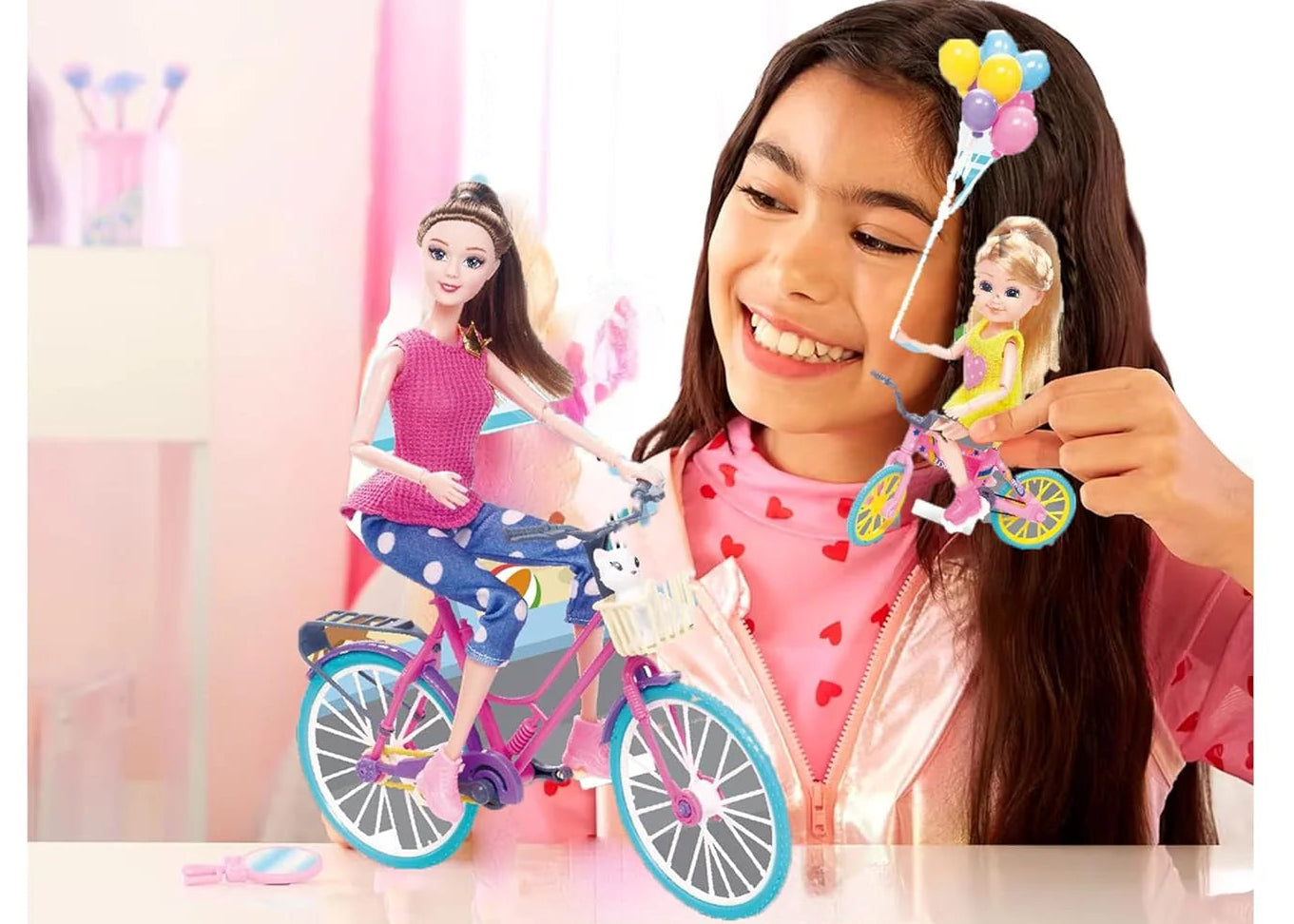 Child playing with Barbie dolls on bicycles, with a pink and white background.