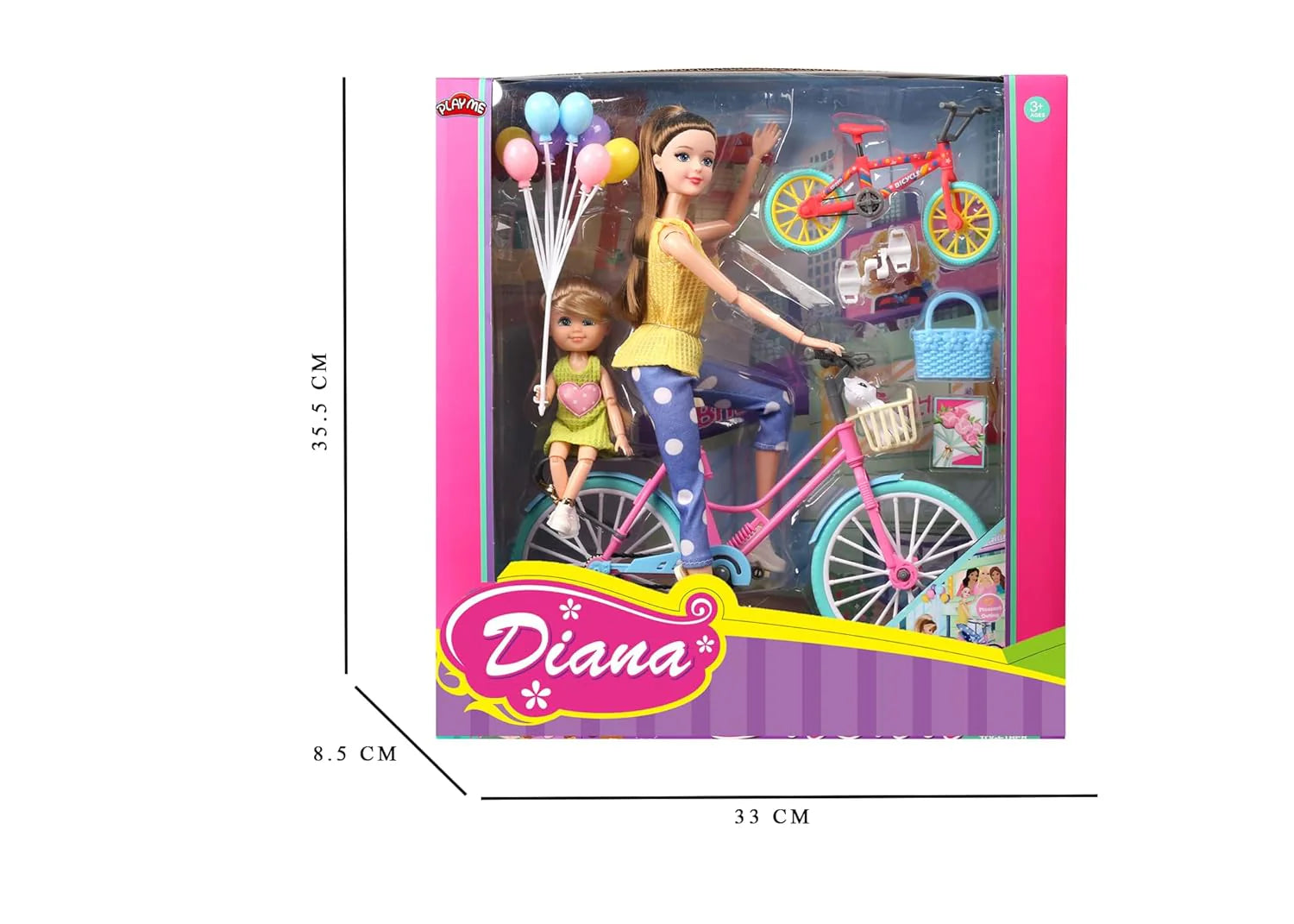 Diana brand toy packaging with dolls and bicycle, showing dimensions.