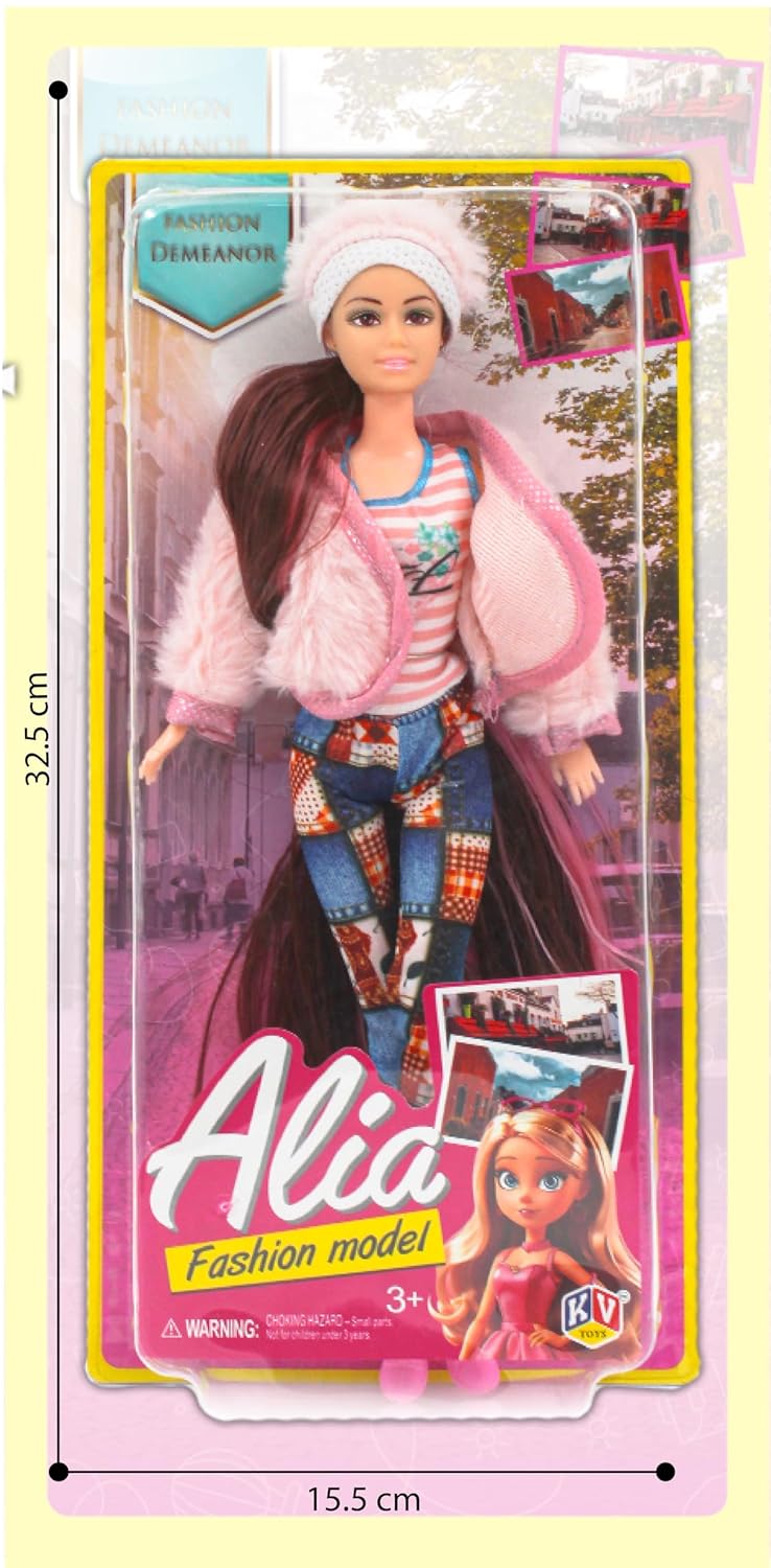 Barbie doll packaging with a pink jacket and colorful pants, featuring the brand 'Alia'.
