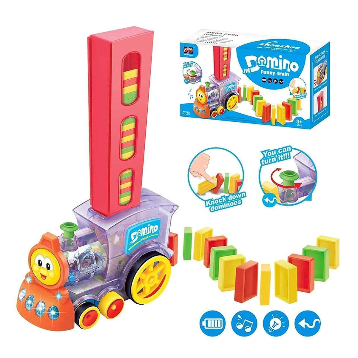 Colorful domino train toy with packaging and dominoes on a white background