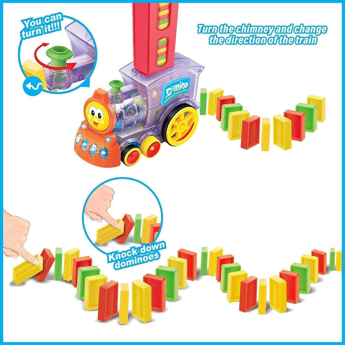 Toy train set with colorful dominoes and instructions on how to play.