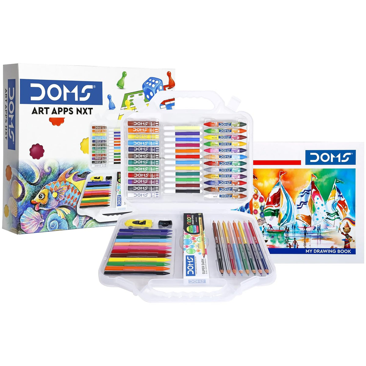 DOMS Art Apps NXT set with art supplies on a white background