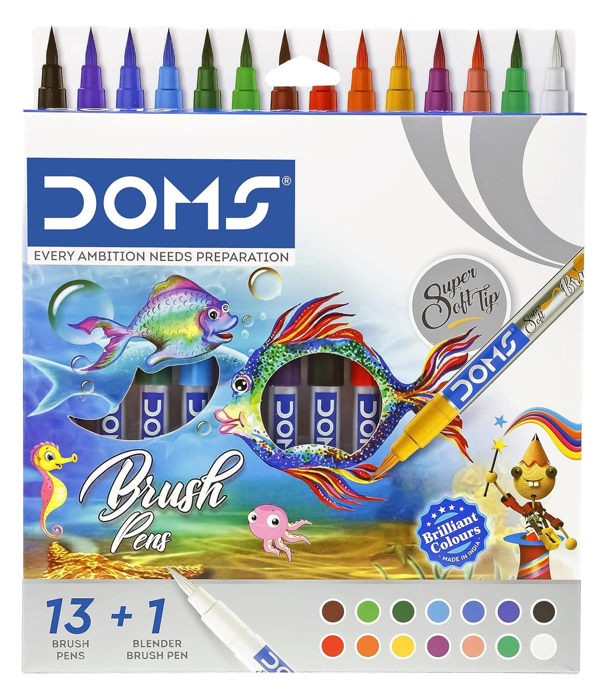 DOMS brush pens packaging with colorful fish illustration and pen display.