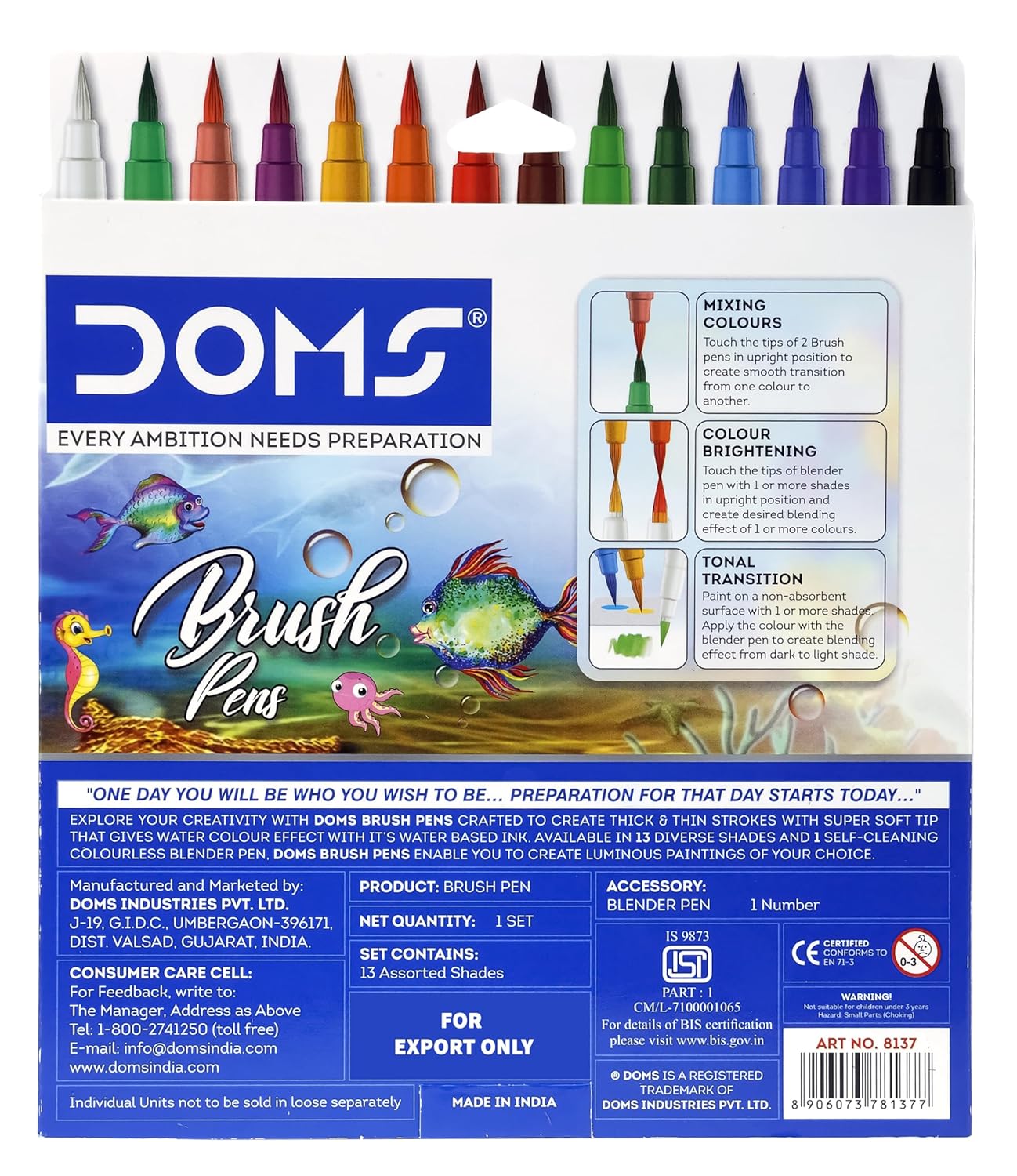 DOMS brush pens packaging with colorful pens and branding details.