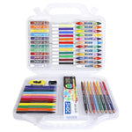 Set of colorful crayons and markers in a clear plastic case on a white background