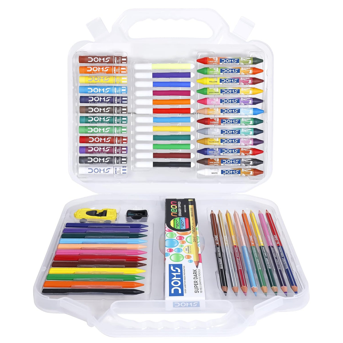 Set of colorful crayons and markers in a clear plastic case on a white background