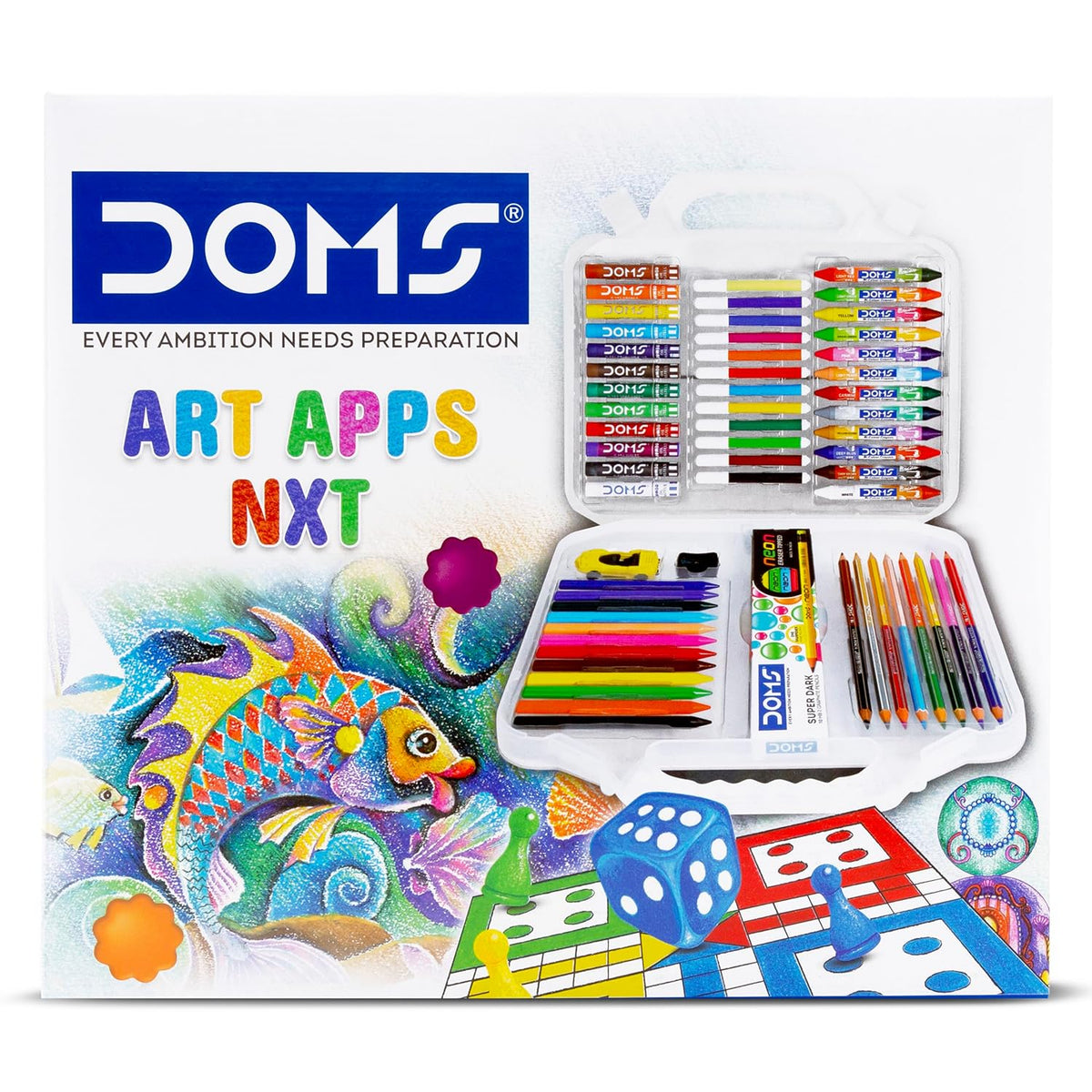 DOMS Art Apps NXT set with colorful art supplies on a white background
