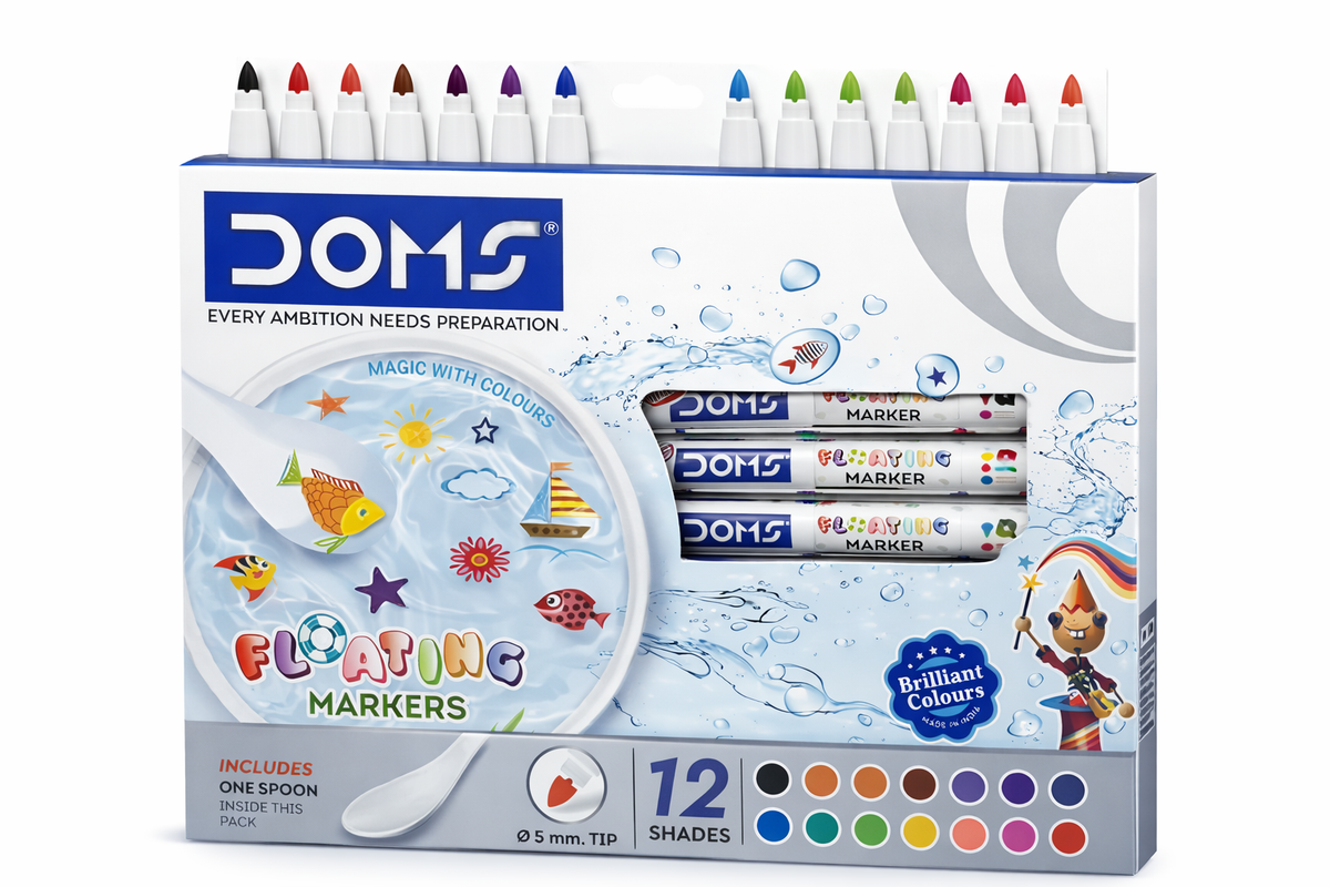 DOMS floating markers packaging with 12 colors on a white background