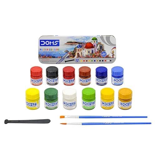 DOMS poster paint set with cans, a brush, and a palette knife on a white background