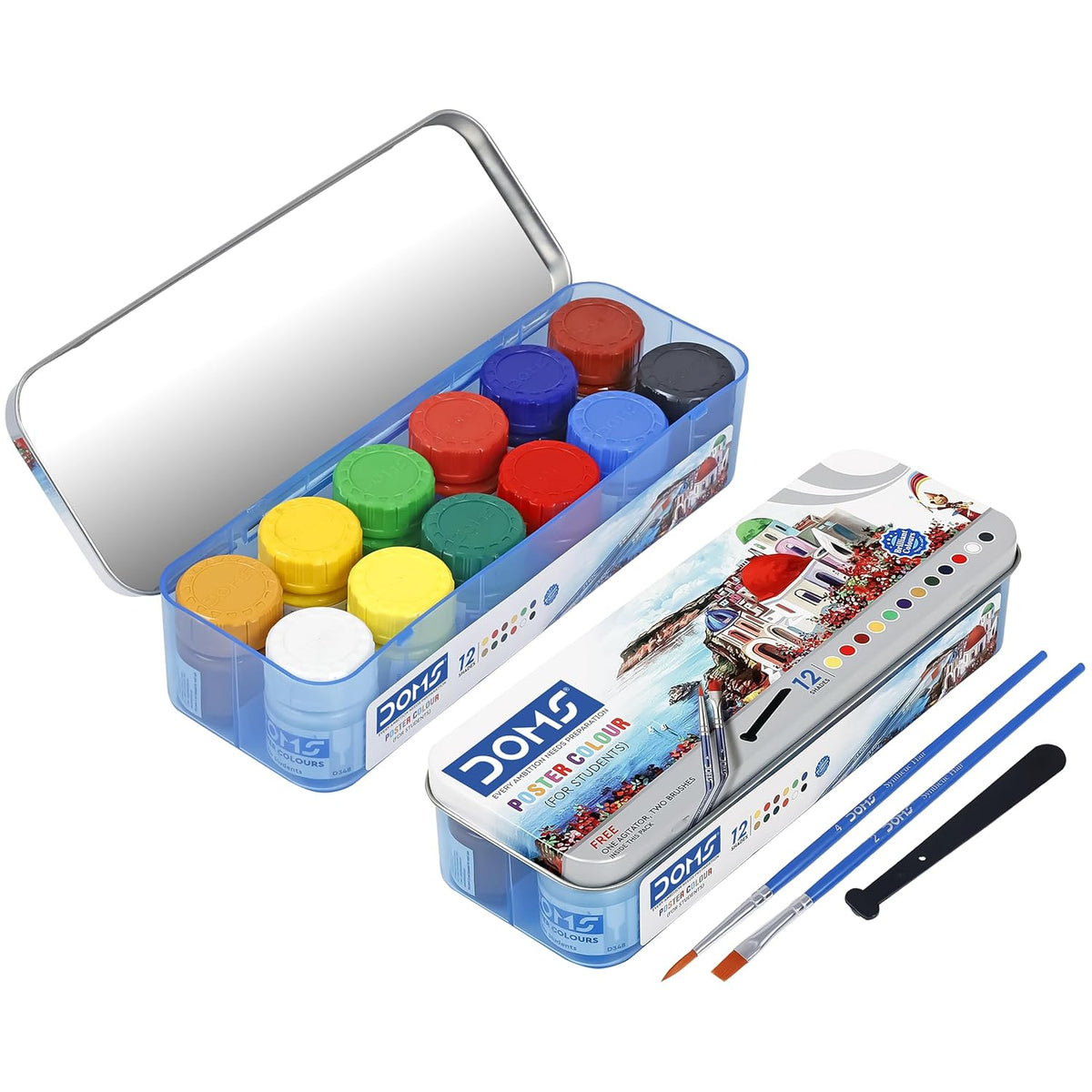 DOMO watercolor paint set with a metal tin, paint pots, and brushes on a white background