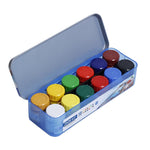 Set of colorful paint pots in a blue metal box on a white background