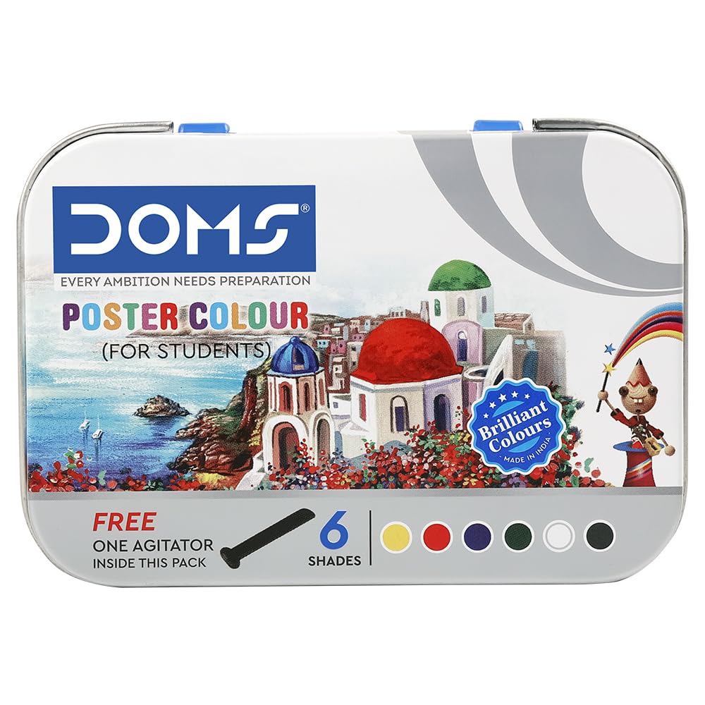 DOMS poster color set packaging with colorful illustrations and text on a white background