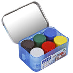 Blue container with six colored lids on a white background