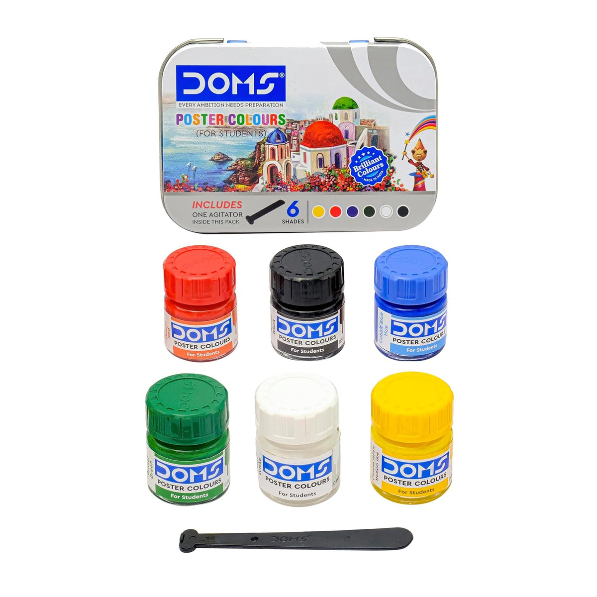 DOMS poster colours set with six small jars of different colors on a white background