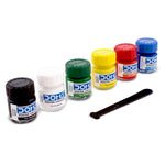 Set of DOM poster paint jars in various colors with a paintbrush on a white background