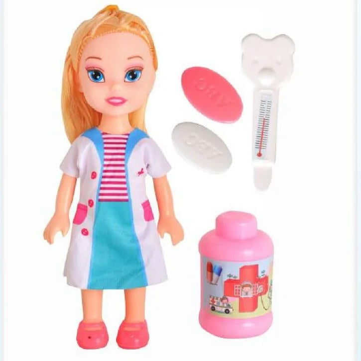 Dr. Suzie toy doll with medical accessories on a colorful packaging background