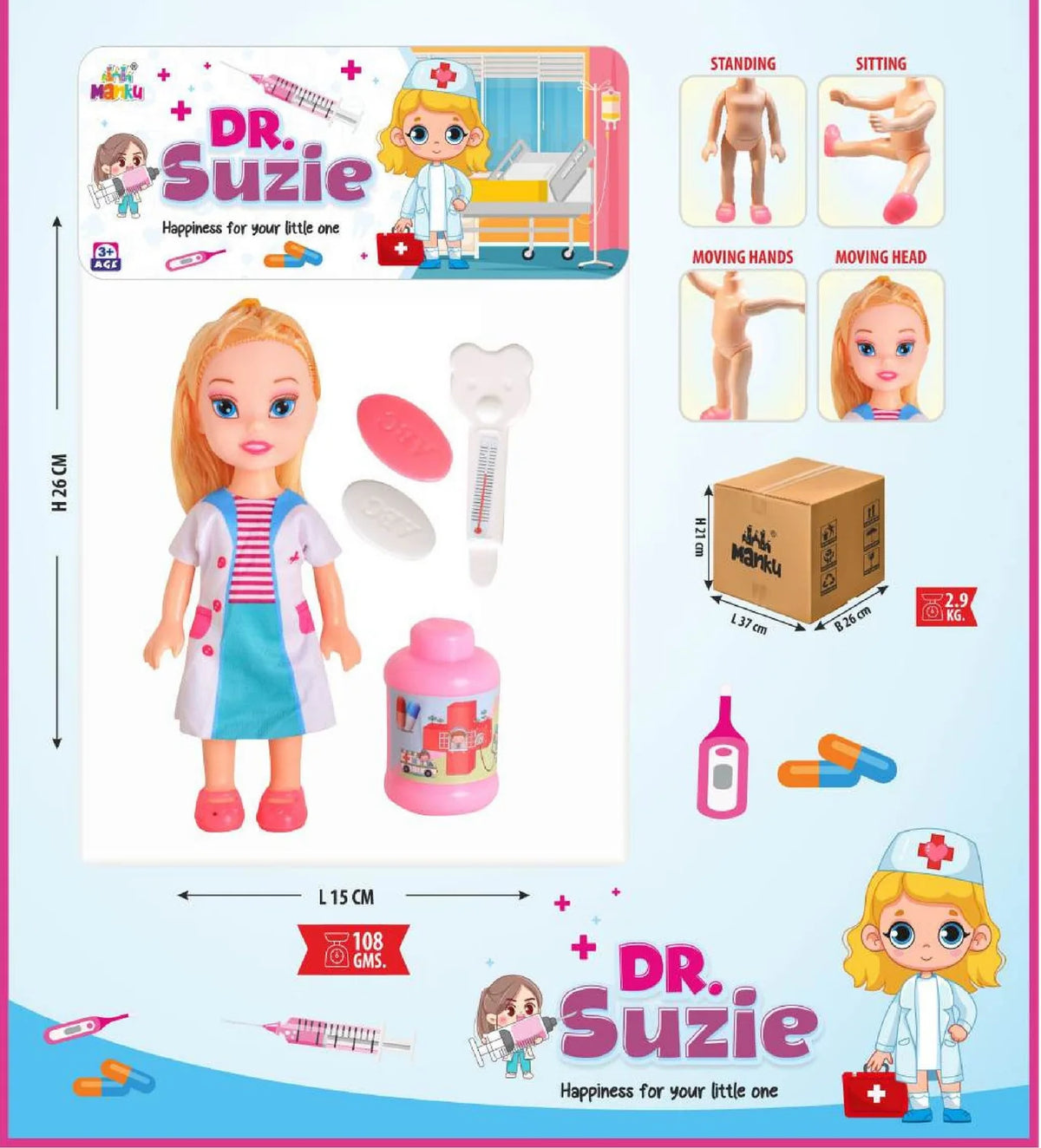 Dr. Suzie toy doll packaging with measurements and product details.