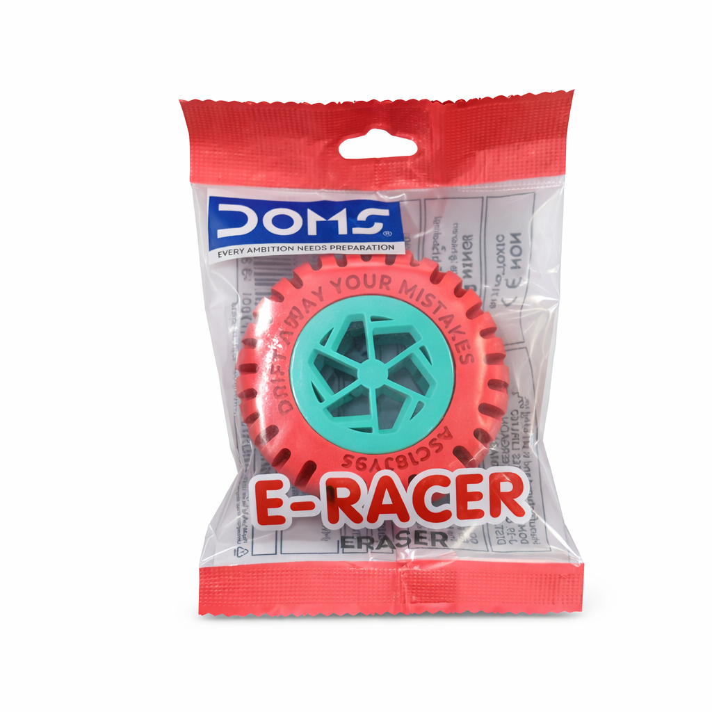 Packaged eraser with 'E-Racer' branding on a white background