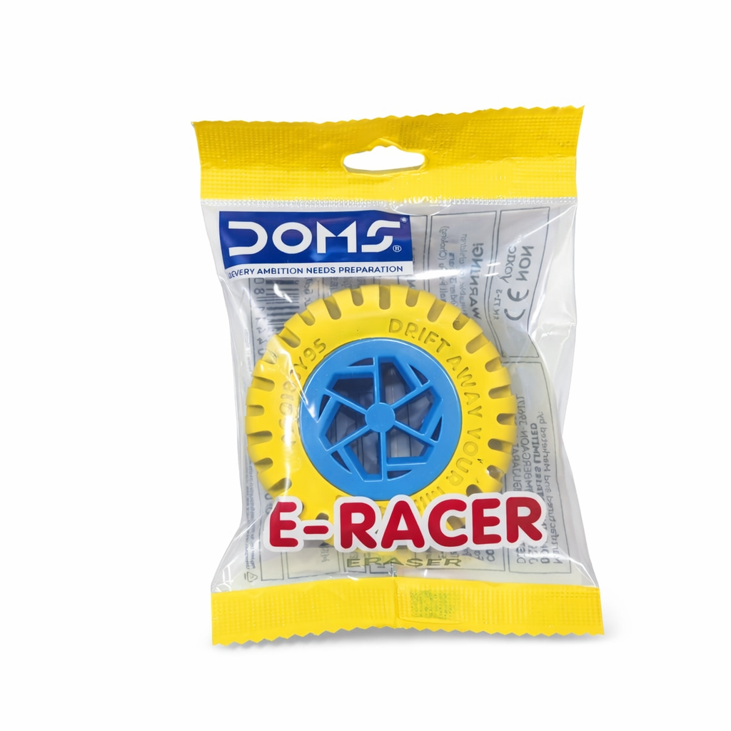Packaged 'E-Racer' product with yellow and blue design on a white background