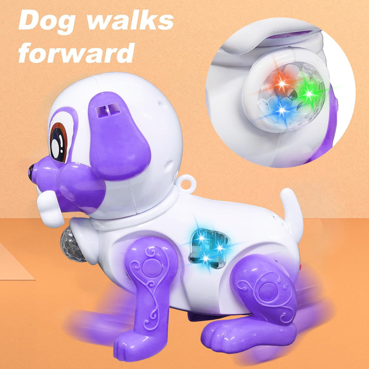 Toy dog with purple accents and colorful lights on an orange background