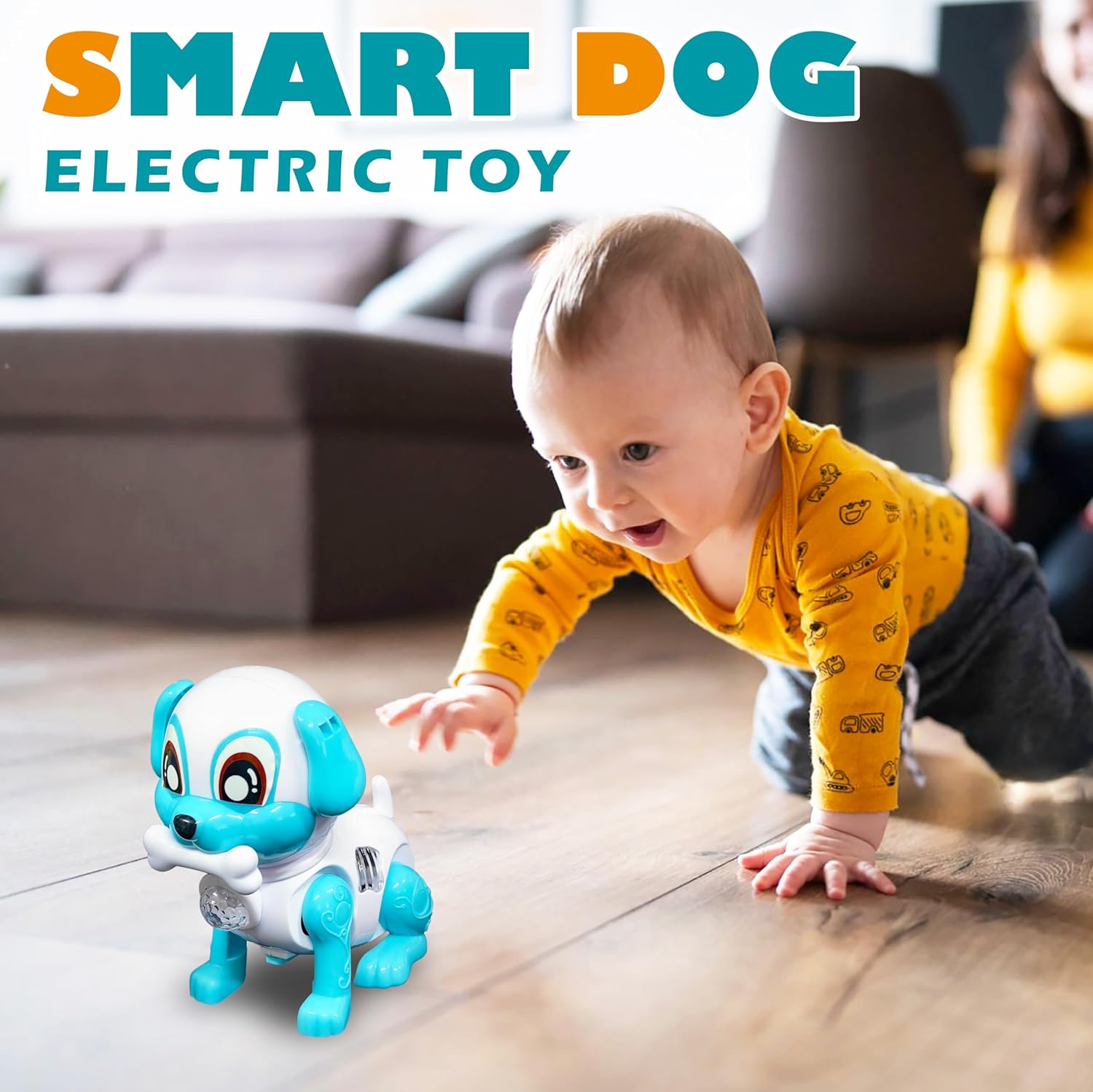 Baby playing with a smart dog electric toy on a wooden floor.