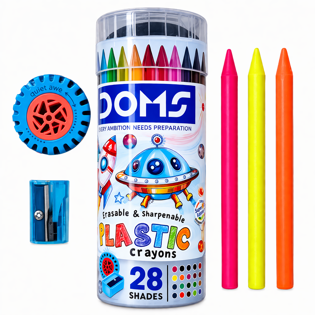 Doms plastic crayons set with a sharpener on a white background