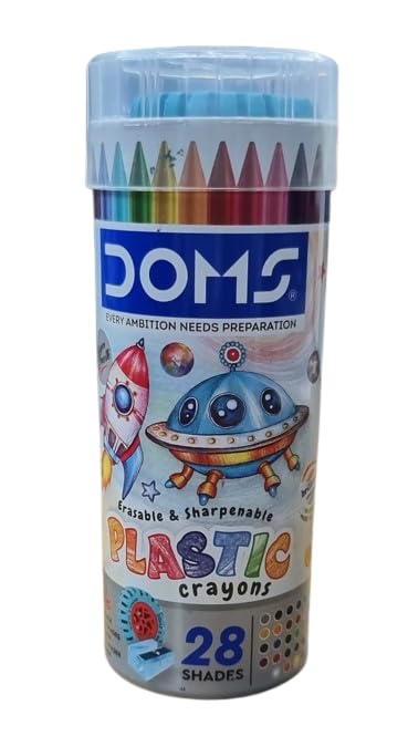 Tube of Doms plastic crayons with colorful design on a white background