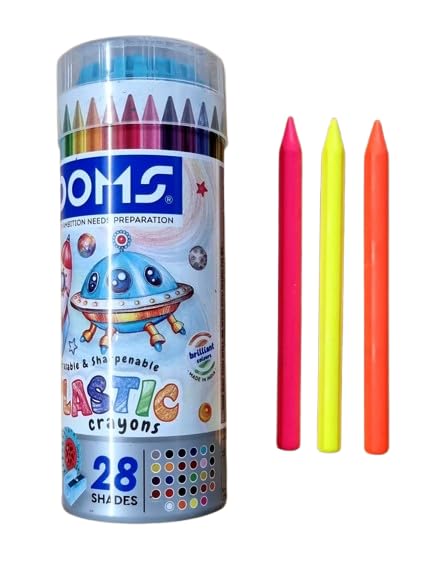 DOMS elastic crayons packaging with three sample crayons displayed on a white background