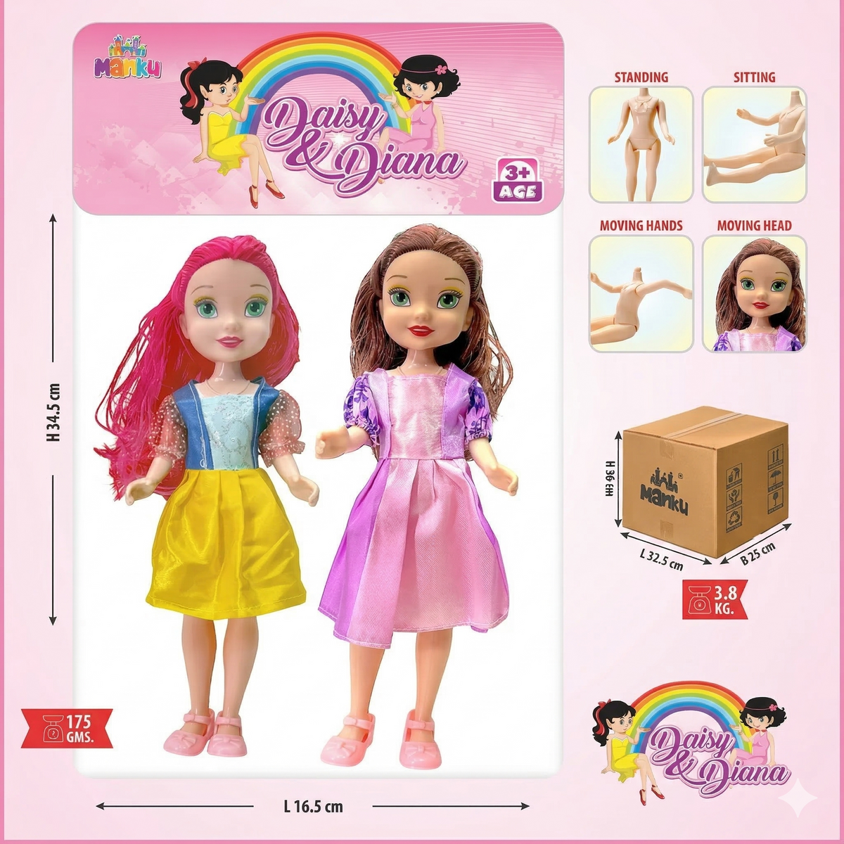 Daisy and Diana Twin Dolls Set With Moving Hands and Head For Kids