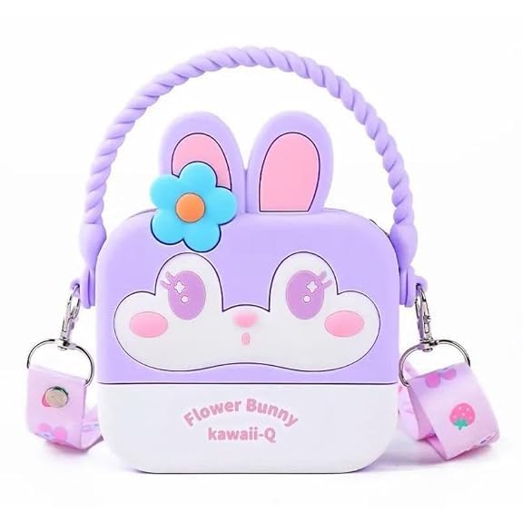 Cute purple bunny-shaped bag with flower detail on a white background