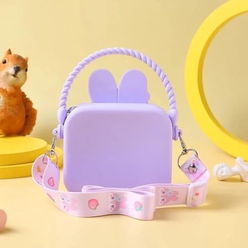 Purple silicone pouch with bunny ears and a pink strap on a yellow background