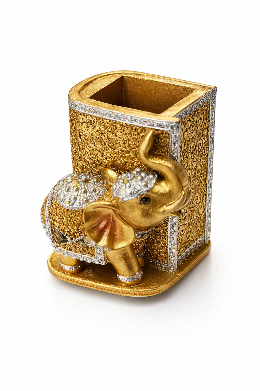 Gold elephant-shaped jewelry box with diamond accents on a white background