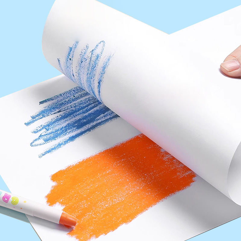 Colorful crayon art on a piece of paper with a blue background
