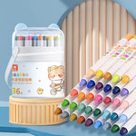Set of colorful watercolor pencils with a white container featuring a cartoon character on a blue background.