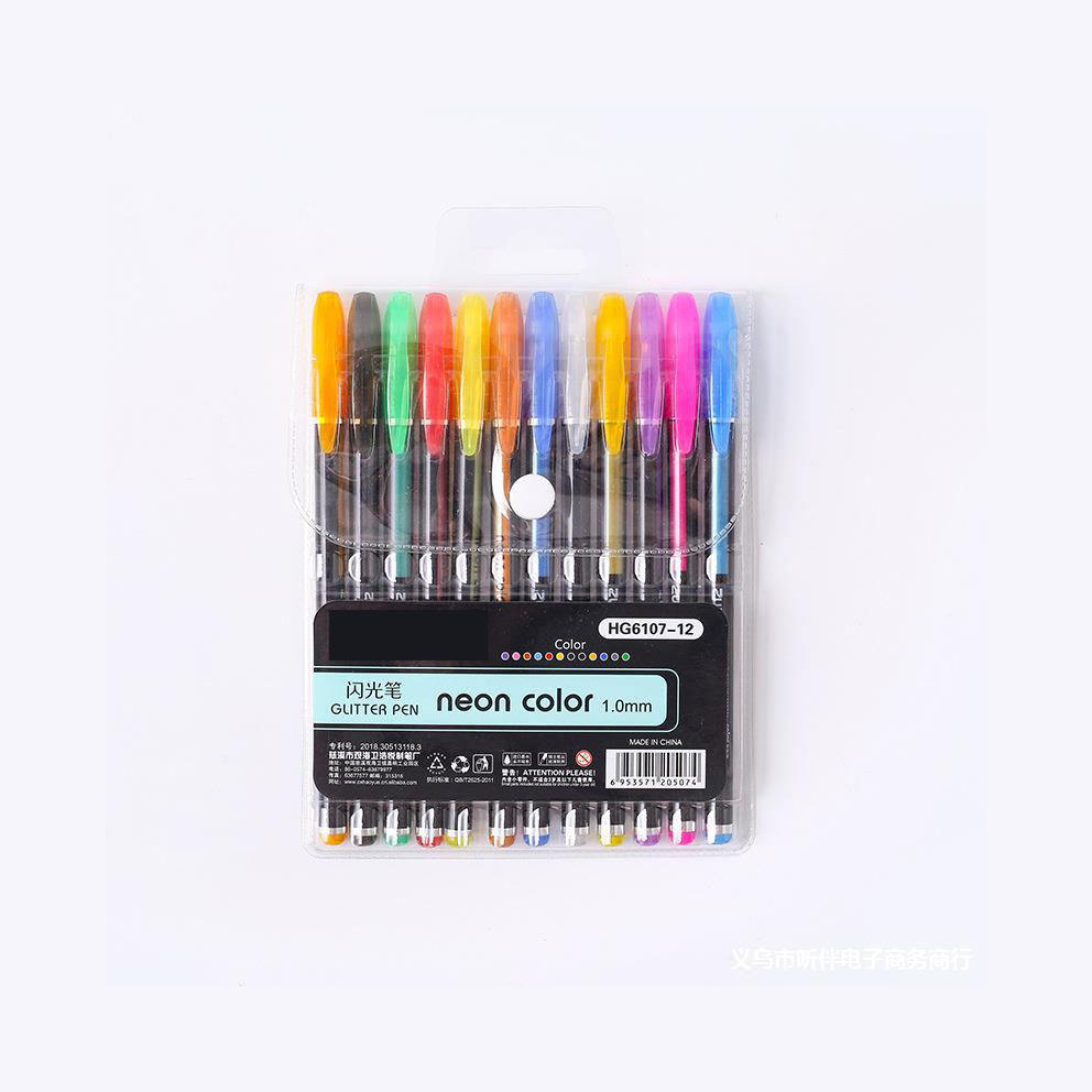 Pack of neon color glitter pens on a white background