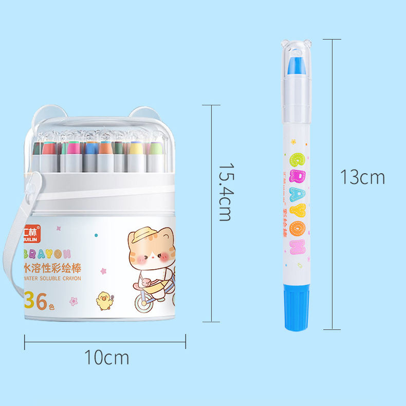 Set of water-soluble crayons with a cartoon character on a blue background