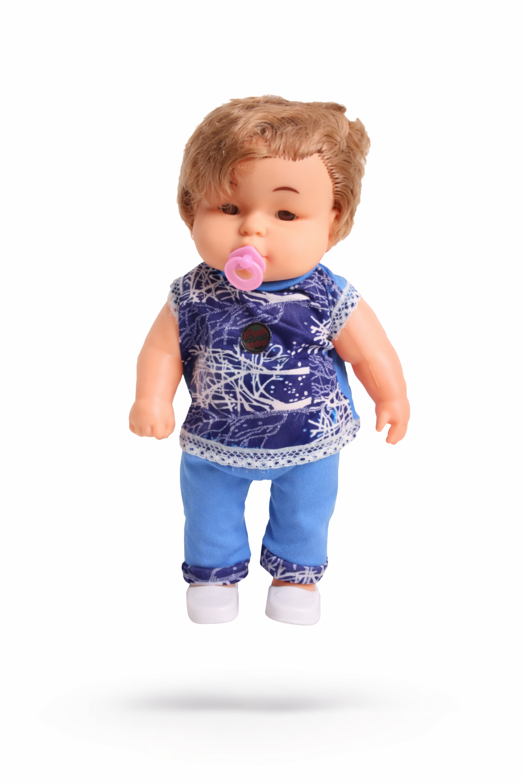 Toy doll with a pacifier wearing a blue outfit on a white background