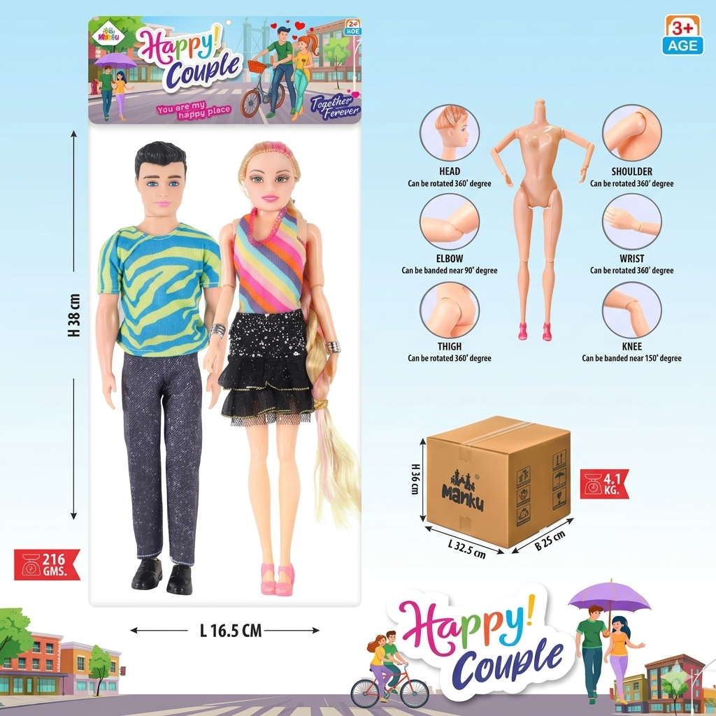 Doll packaging with two dolls, a man and a woman, and product details on a blue background.